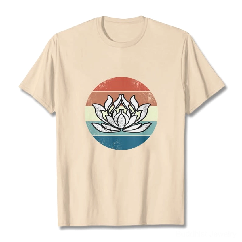 Cream beige sacred lotus sunset vintage Buddhist t-shirt front flat lay with retro design