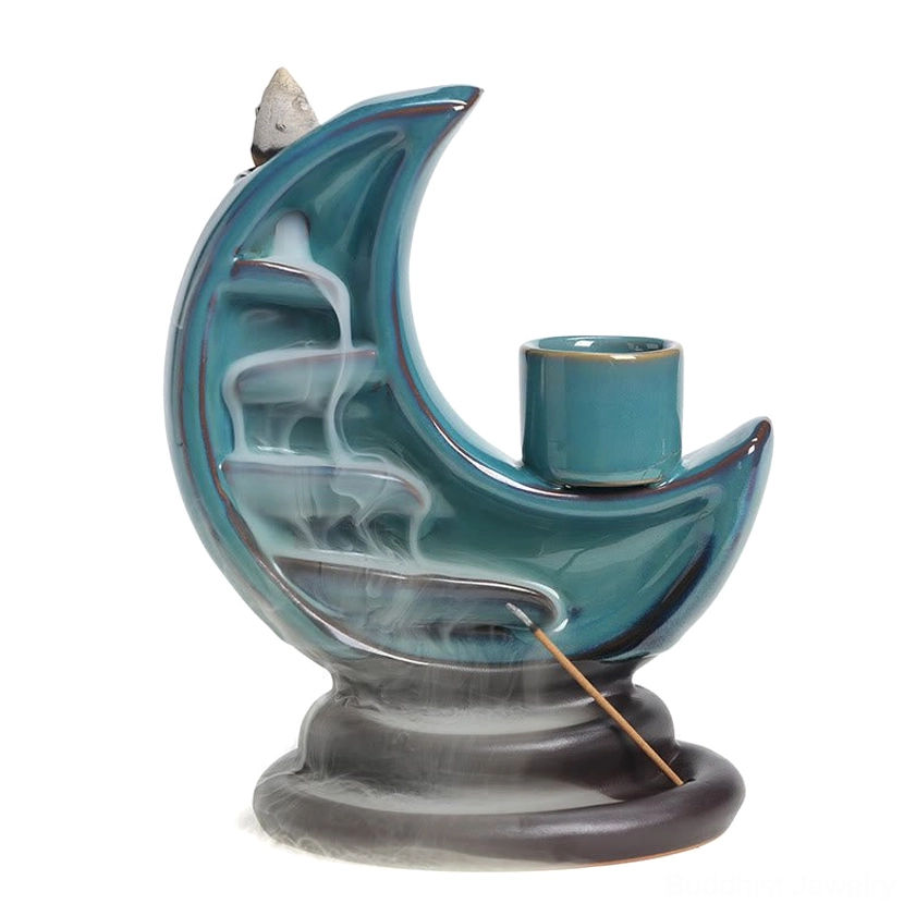 Handcrafted teal ceramic crescent moon backflow incense burner, meditation and mindfulness piece
