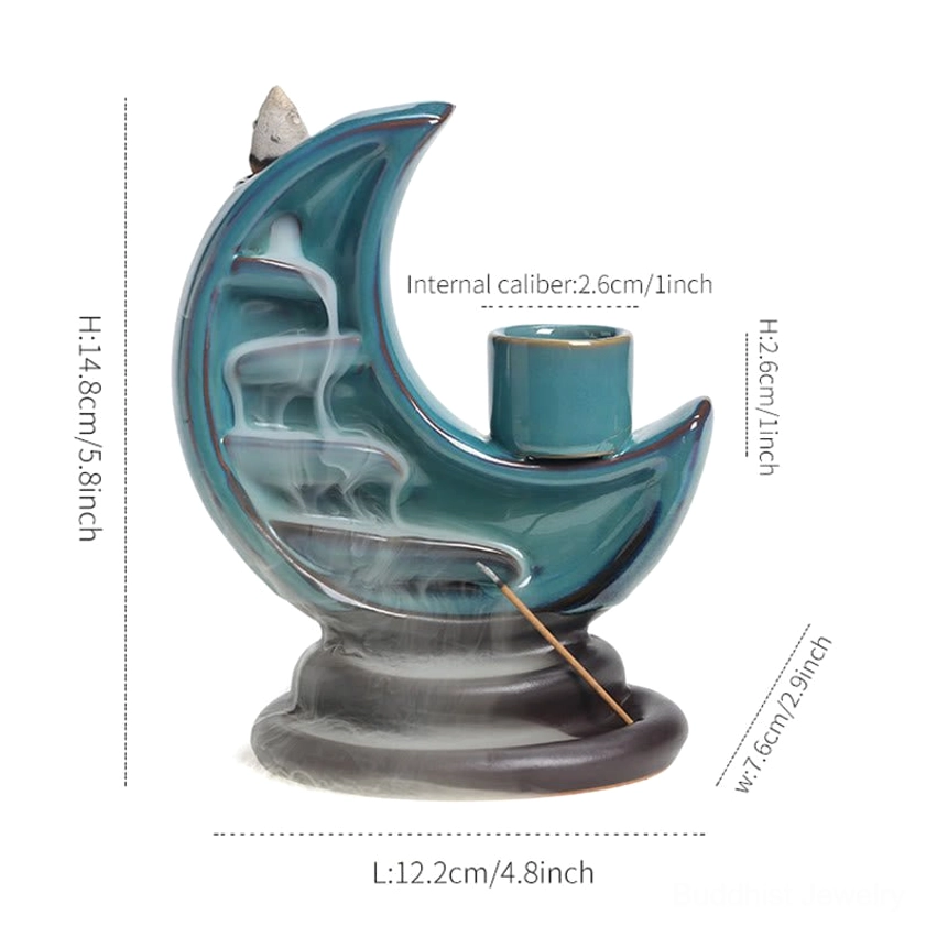 Crescent moon ceramic incense burner product shot with dimensions marked, isolated white background