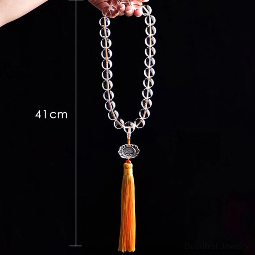 Long crystal mala necklace car decoration showing full 41cm length with lotus pendant and beads