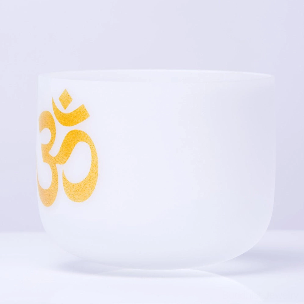 Buddhist Crystal Singing Bowl - Side Angle Showing Frosted White Finish and Om Mark