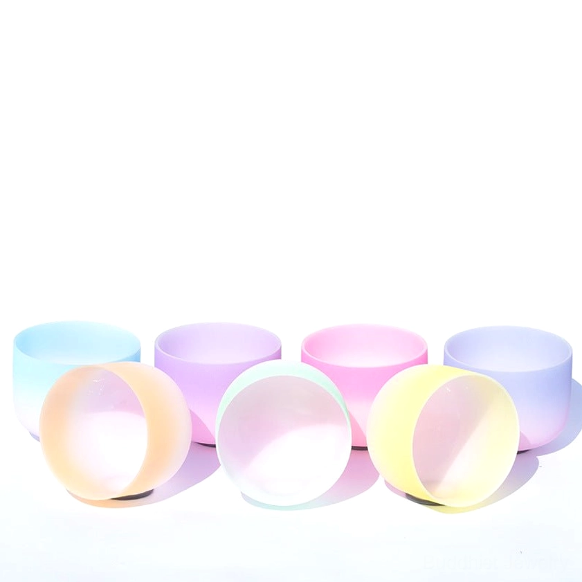 Group of crystal singing bowls upright and cross-section views gradient pastel hues