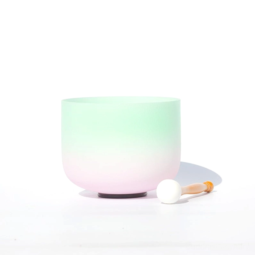 Mint green white ombre crystal singing bowl frosted glass with wooden striker