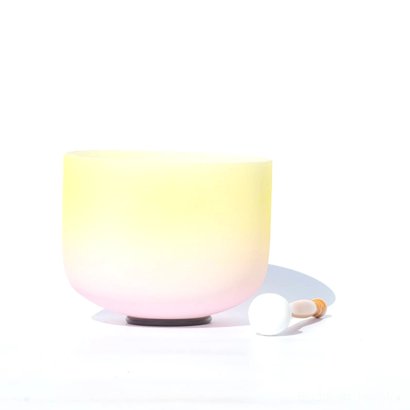 Yellow pink ombre crystal singing bowl matte frosted with striker mallet