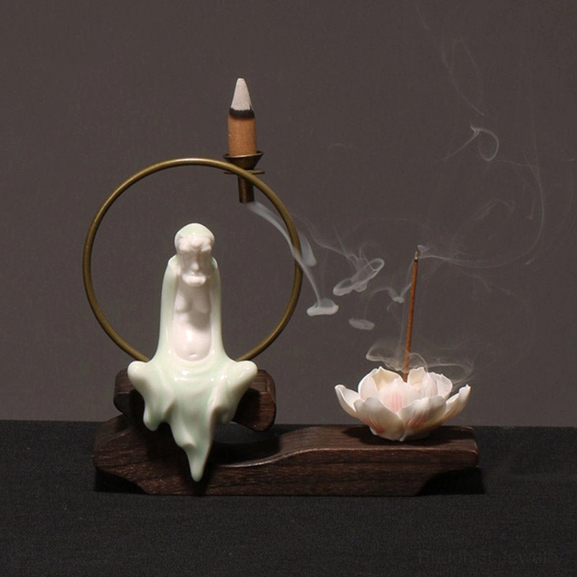 Cyan Buddha incense burner with backflow smoke effect, handcrafted ceramic lotus holder for meditation and spiritual space