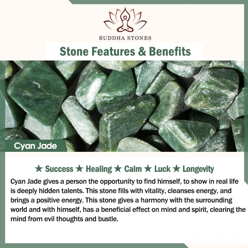Cyan jade stone benefits infographic highlighting luck, healing, harmony and spiritual properties with raw jade photos