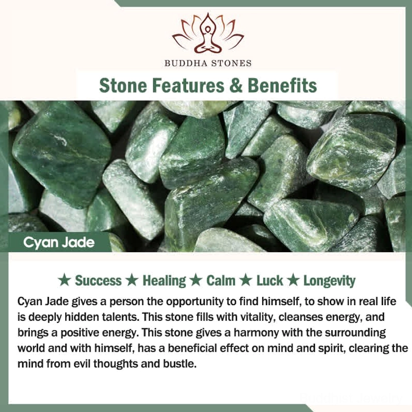 Cyan jade healing stone feature card showing raw jade chunks with benefits listed including prosperity, healing energy, mental clarity and spiritual calm