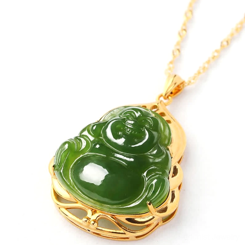 Cyan jade Laughing Buddha necklace pendant featuring intricate gold filigree work and authentic jade stone