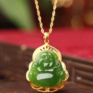 Cyan jade laughing Buddha pendant necklace with 925 sterling silver and 18K gold filigree setting, front view on red velvet