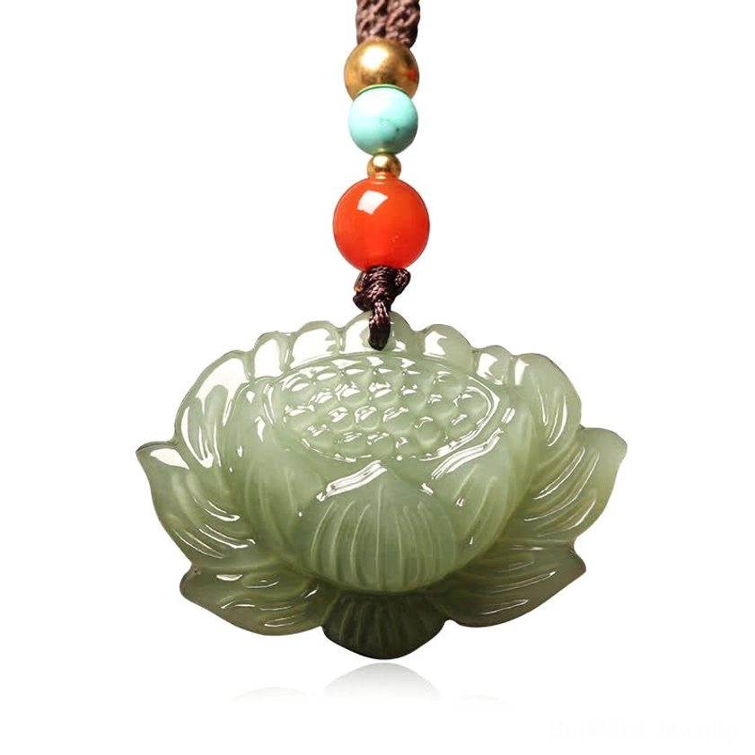 Translucent light green Hetian cyan jade lotus pendant front view with carved lotus flower and central seed pod detail on light soft background