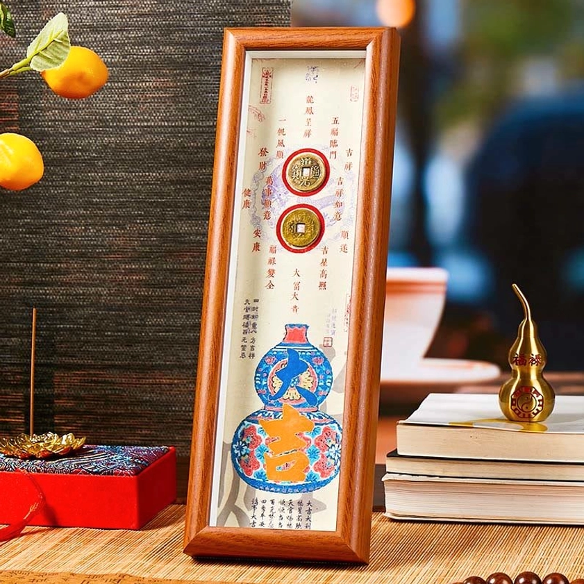 Da Ji great luck gourd photo frame wooden decor with brass coins