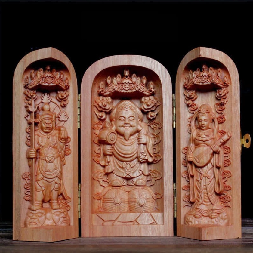 Daikokuten God of Wealth Buddhist wooden altar shrine with gilded brass hinges and intricate carvings