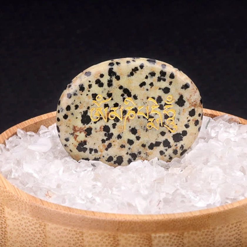 Om Mani Padme Hum dalmatian jasper palm stone with golden Sanskrit text