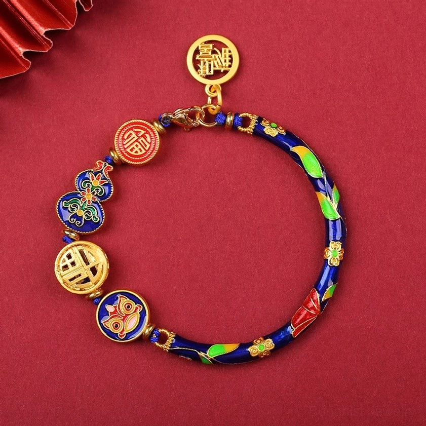 Dark blue enamel copper lion prosperity bracelet with gold fortune pendants and decorative metal hardware