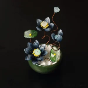 Dark blue liuli glass lotus flower pot with handcrafted ceramic base and metal stems spiritual decor overhead view