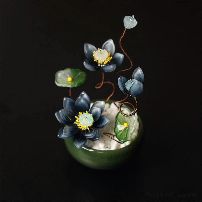 Dark blue liuli glass lotus flower pot with handcrafted ceramic base and metal stems spiritual decor overhead view