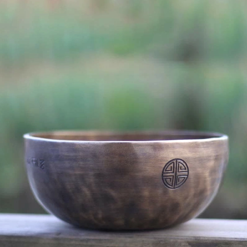 Handcrafted dark bronze singing bowl with hammered texture outdoor display