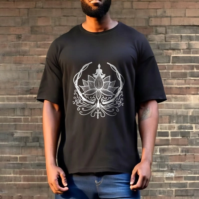 Dark gray Buddha lotus t-shirt on male model with blue denim jeans casual outdoor style