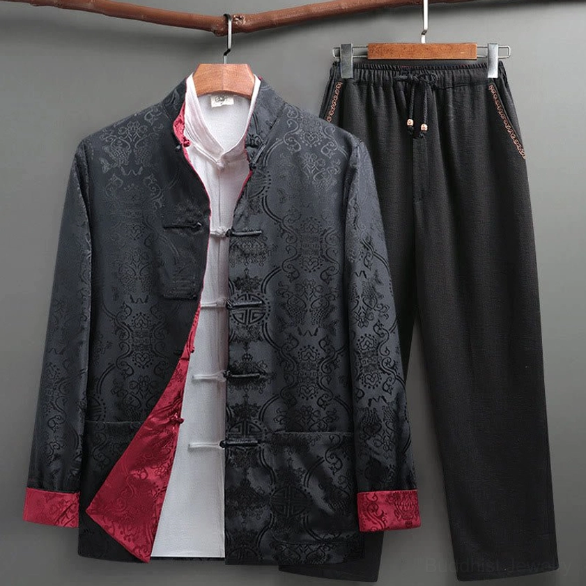 Dark gray koi fish Tang suit jacket with jacquard pattern and mandarin collar