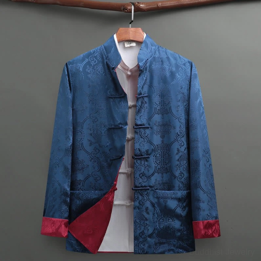 Dark gray Tang suit jacket mandarin collar and frog button closure traditional design