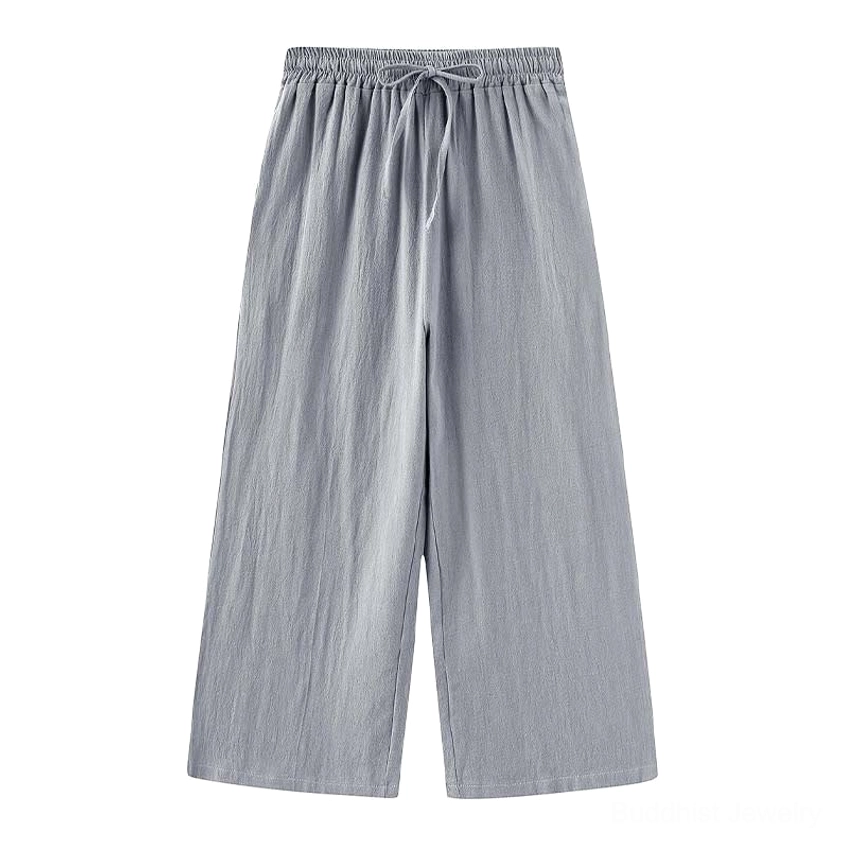 Dark gray drawstring meditation pants with wide-leg comfortable fit