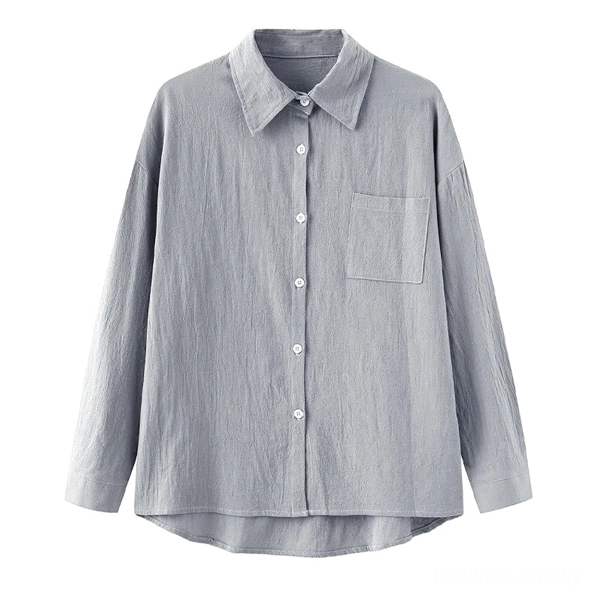 Dark gray long-sleeve meditation shirt with collar and functional chest pocket
