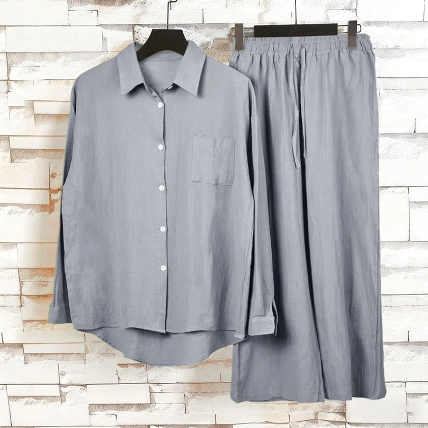 Dark gray meditation cotton loungewear set flat lay showing fabric texture