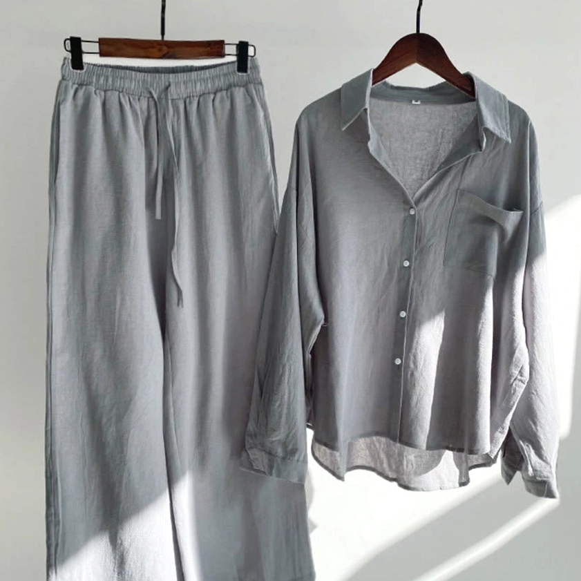 Dark gray women's meditation cotton loungewear two-piece set hanging display