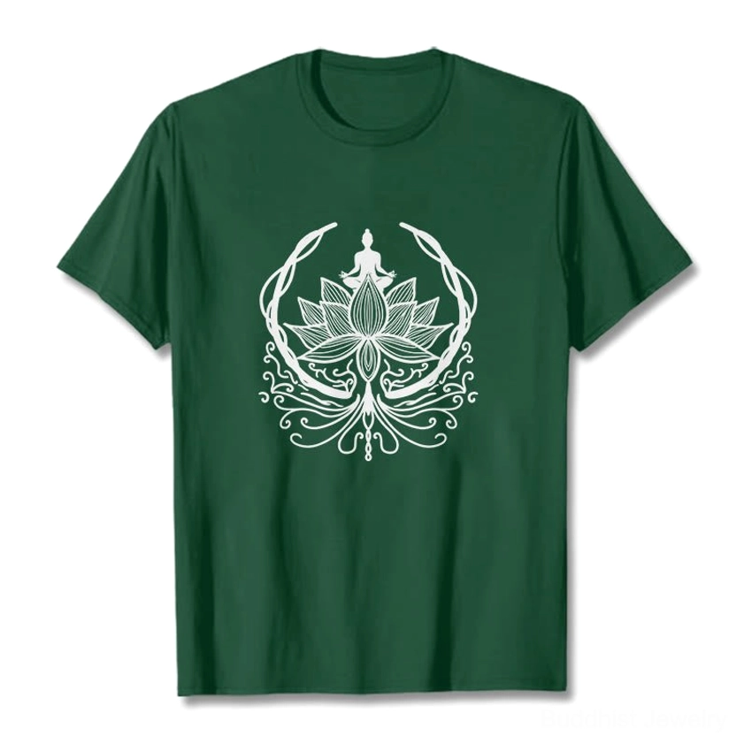 Dark green Buddha lotus meditation t-shirt flat lay displaying white ink design on cotton fabric