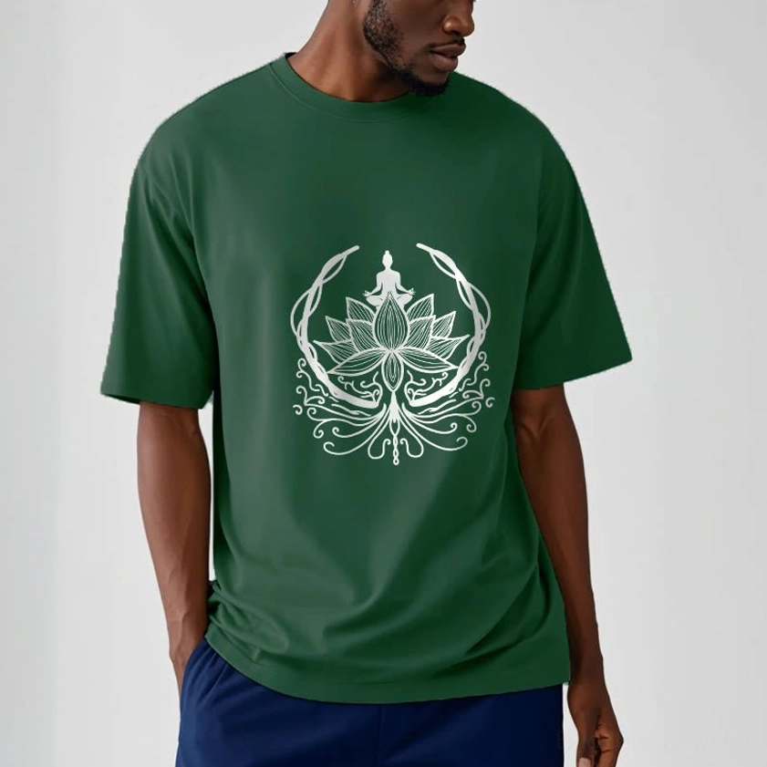 Male model wearing dark green Buddhist meditation t-shirt with white Buddha and lotus print