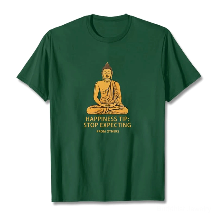 Dark green Buddhist mindfulness t-shirt with golden seated Buddha graphic, front flat lay on white background