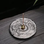 Dark Green Dragon Embossed Incense Burner with Brass Socket – Handcrafted Copper Alloy Holder Top View