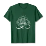 Dark green lotus flower and sun Buddhist t-shirt with white infinity symbol print, front flat lay view on white background