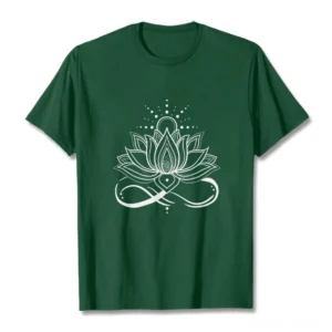 Dark green lotus flower and sun Buddhist t-shirt with white infinity symbol print, front flat lay view on white background