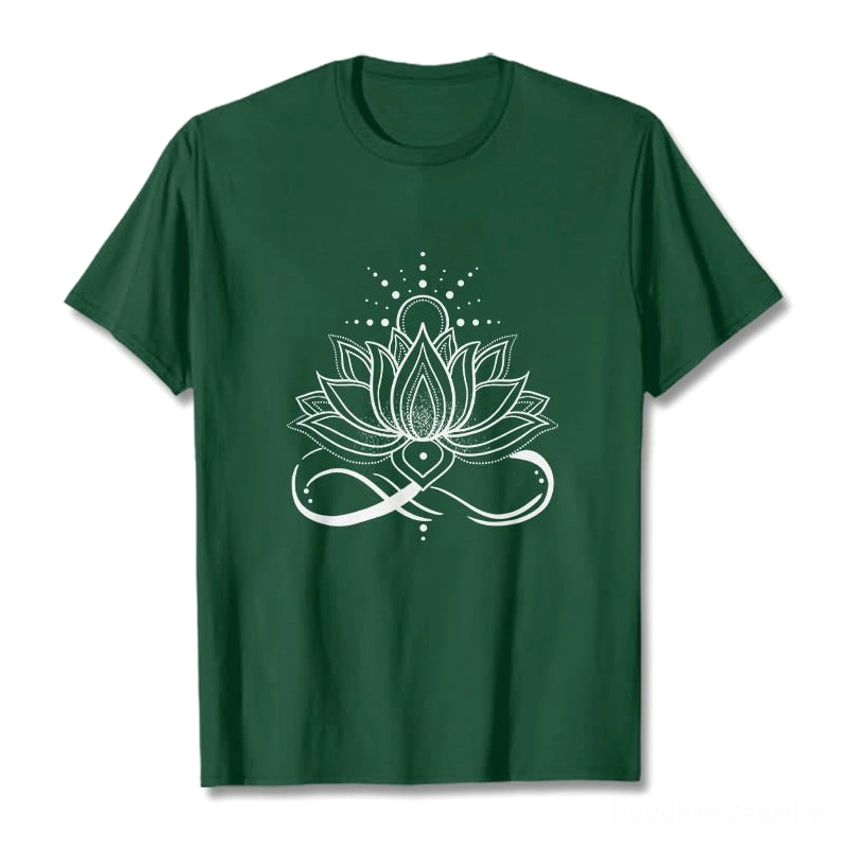 Dark green lotus flower and sun Buddhist t-shirt with white infinity symbol print, front flat lay view on white background