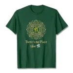Dark green Buddhist mandala Om t-shirt with gold sacred symbol print, flat lay front view on studio background