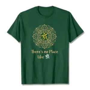 Dark green Buddhist mandala Om t-shirt with gold sacred symbol print, flat lay front view on studio background