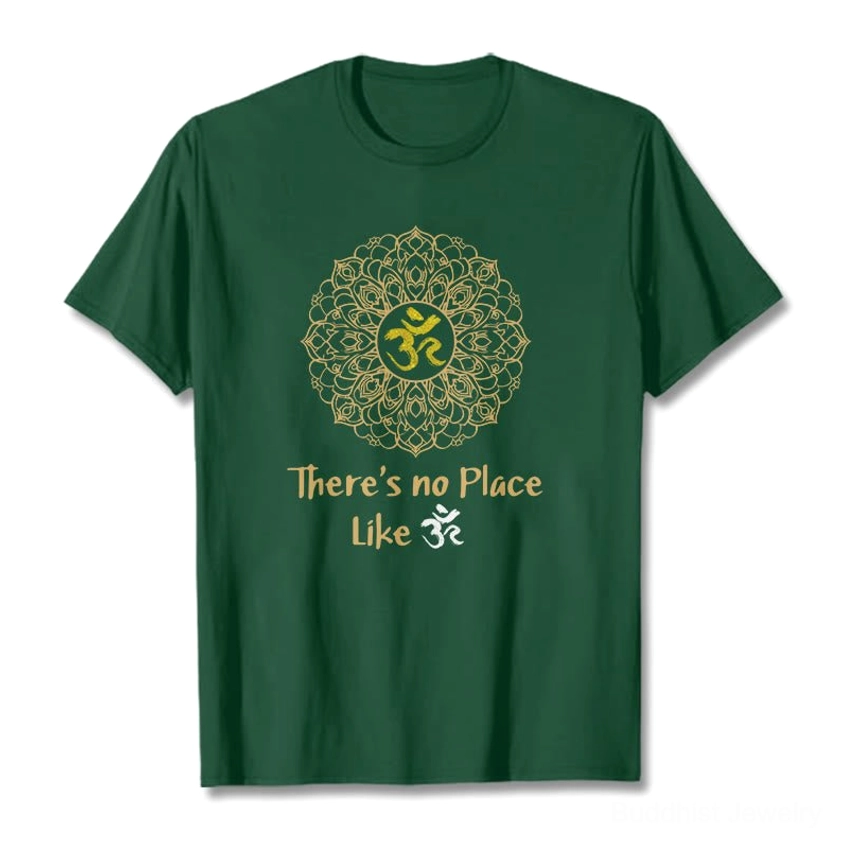 Dark green Buddhist mandala Om t-shirt with gold sacred symbol print, flat lay front view on studio background