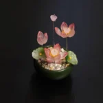 Dark Pink Lotus Liuli Crystal Bonsai Decor - Handcrafted Translucent Lotus with Green Lily Pads and Mixed Gravel Base for Mindfulness
