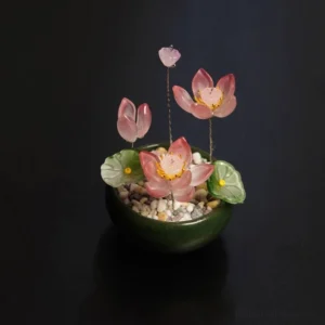 Dark Pink Lotus Liuli Crystal Bonsai Decor - Handcrafted Translucent Lotus with Green Lily Pads and Mixed Gravel Base for Mindfulness