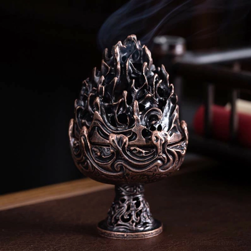 Dark red Buddhist incense burner large size with antique bronze finish and intricate relief carving, meditation spiritual wellness gift