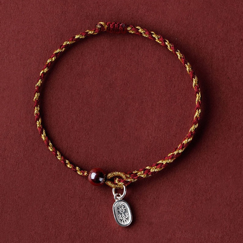 Dark red gold braided lotus charm bracelet with peace character - traditional Buddhist style