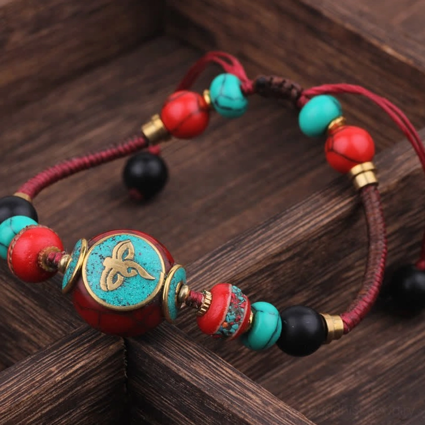 Dark red rope Buddhist bracelet with deep red braided cord and turquoise beads, spiritual healing bracelet