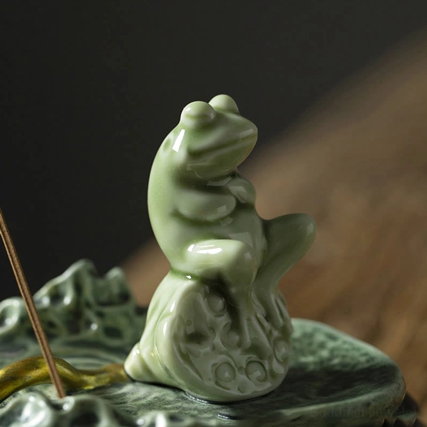 Decorative ceramic frog incense holder with lotus symbolism for peaceful home sanctuary