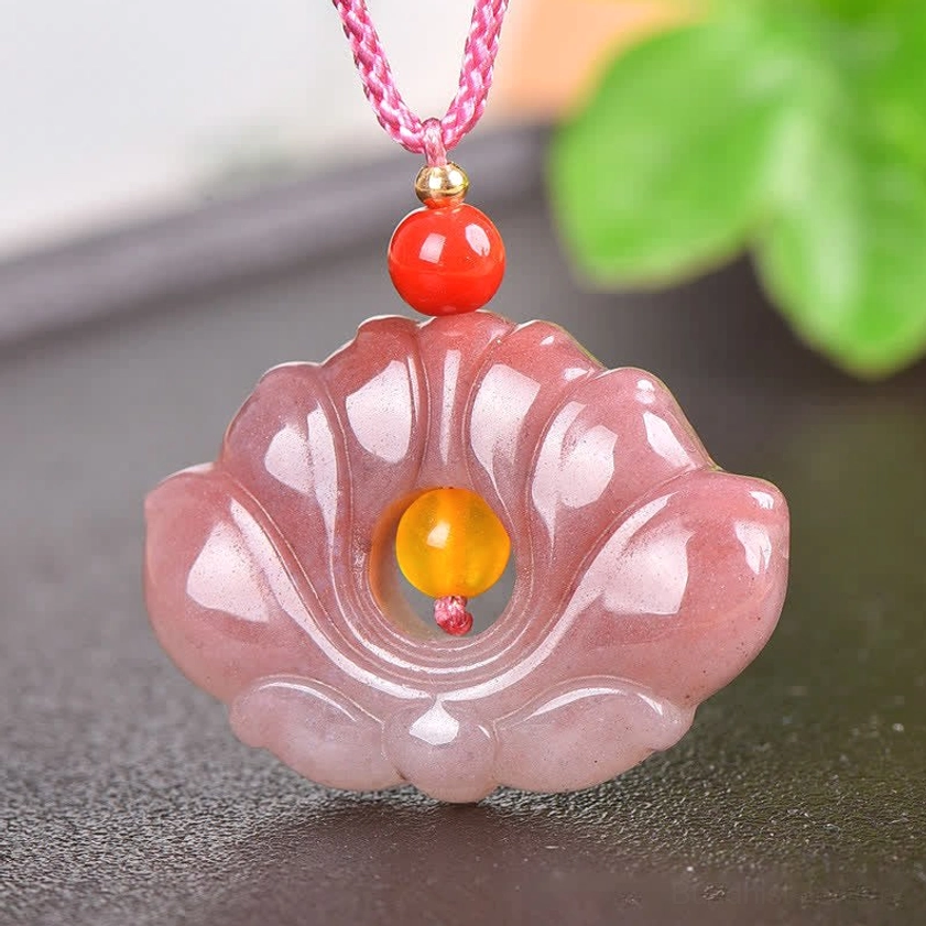 Deep pink silk jade lotus flower pendant hand-carved detail with smooth finish