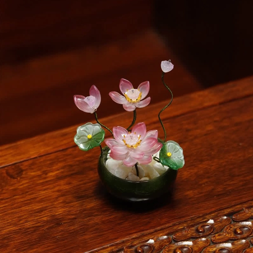 Deep pink liuli lotus flower pot with gradient petals green foliage handmade spiritual home decor