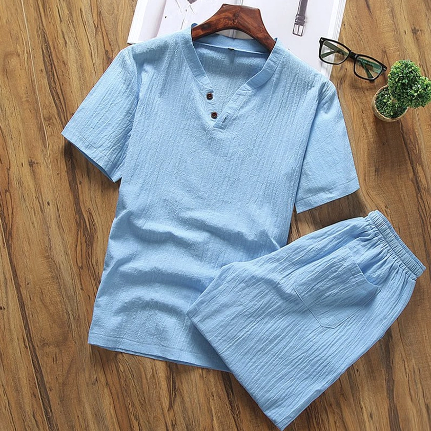 Deep sky blue men's meditation henley shirt and shorts complete set