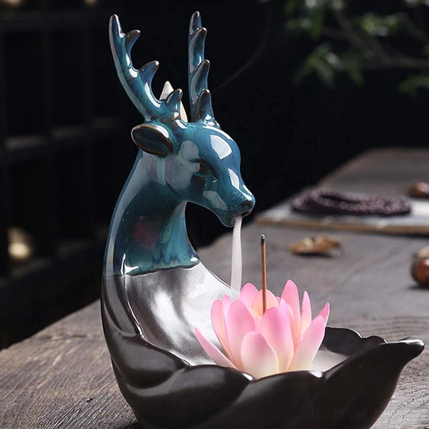 Glazed Ceramic Deer Incense Holder with Pink Lotus Tray - Right Three-Quarter Angle Showing Waterfall Smoke