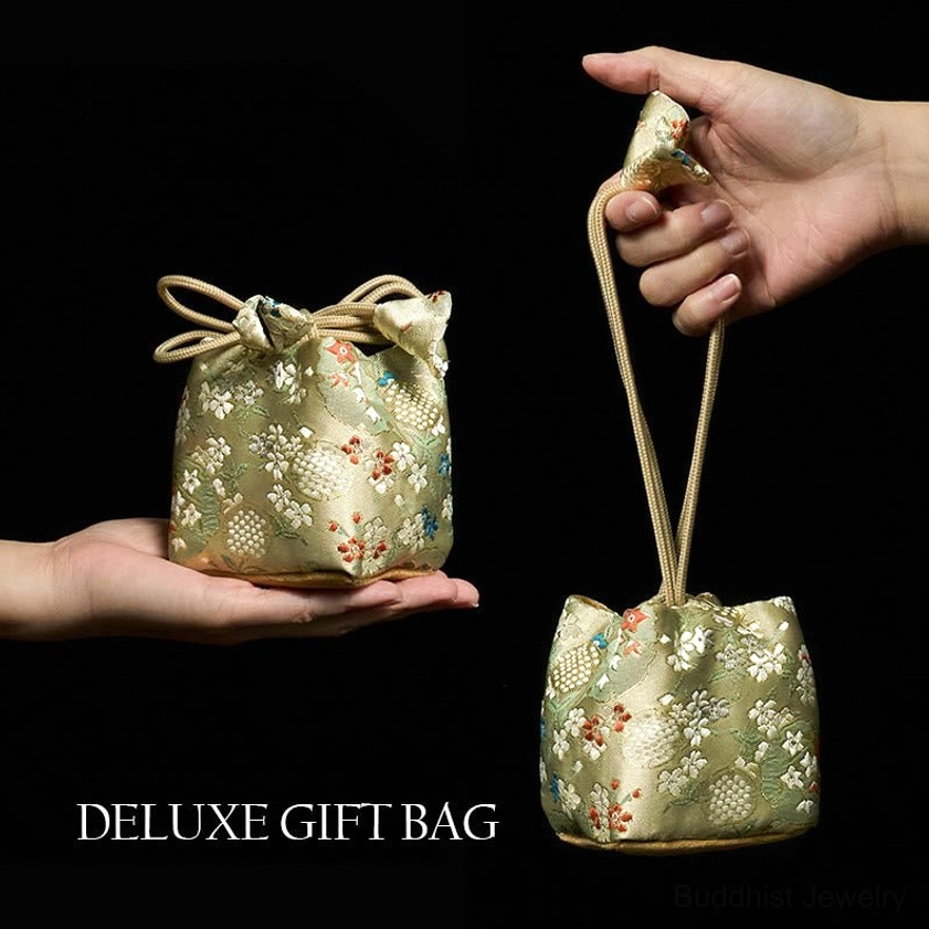 Deluxe satin floral embroidered gift bag for bodhi mala with tassel closure, black background