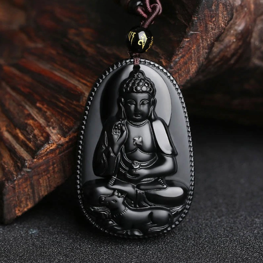 Dog zodiac Amitabha Buddha black obsidian loyal protector guardian pendant